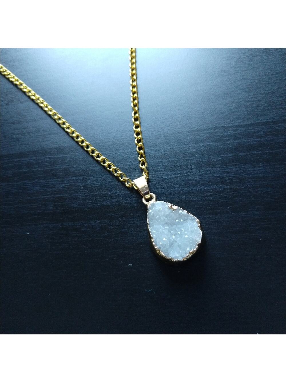 White Druzy Garnet Gold Pendant Necklace natural stone fashion jewelry matinee